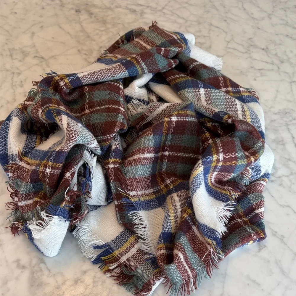 Plaid Fringe Blanket Scarf in Cream, Navy & Burgundy 57 X 59 inches